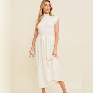 New Elegant Ivory Mock Neck Midi Dress